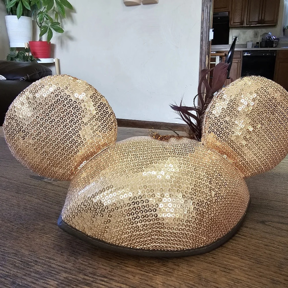 Disney Park Authentic Mickey Mouse Ear Hat Gold Sequins & Feather One Size - Picture 2 of 8
